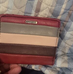 Relic Striped Leather Card Holder in Red, Gray, and Cream